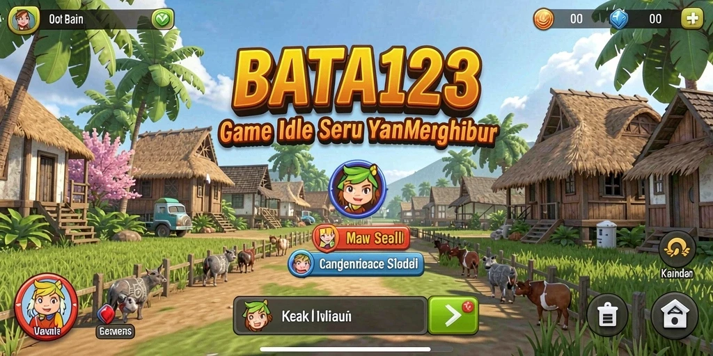 Screenshot utama BATA123 menampilkan karakter yang sedang mengumpulkan sumber daya.