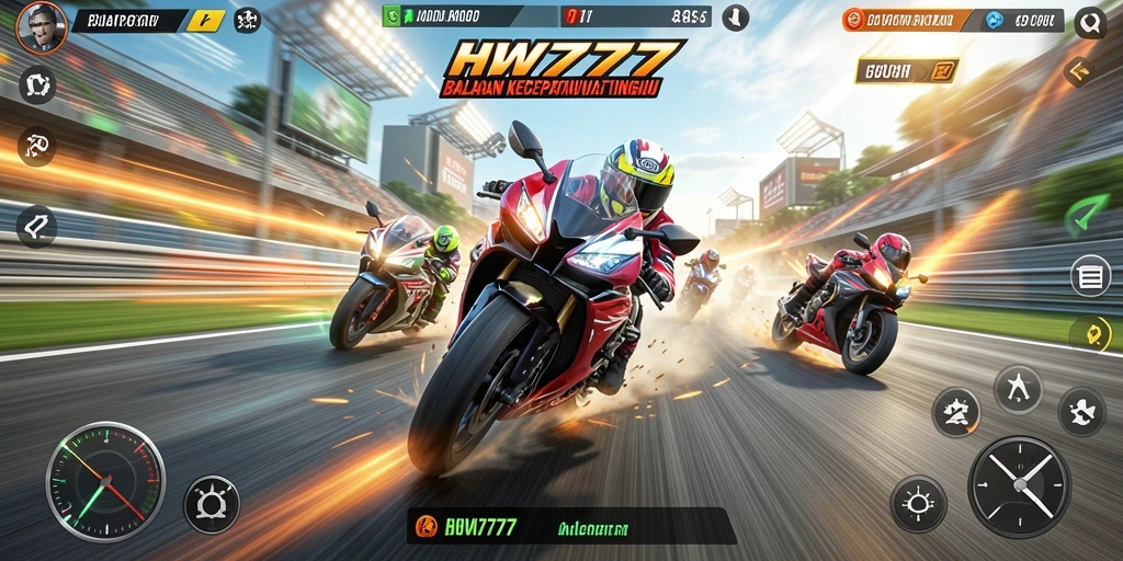 Screenshot gameplay HW777 menampilkan balapan motor yang mendebarkan.