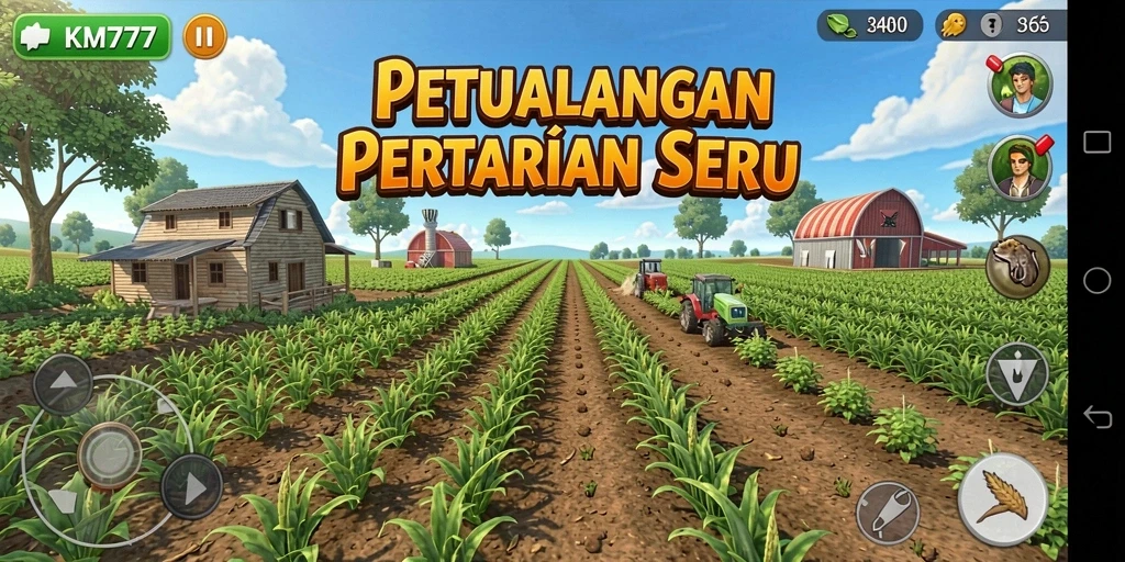 Tampilan gameplay KM777 dengan aktivitas bertani yang seru.
