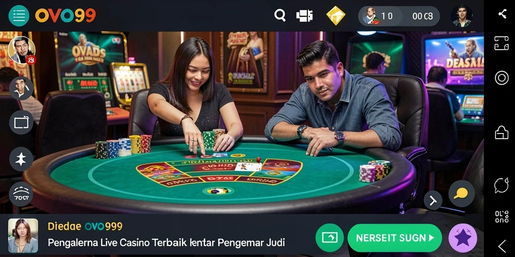 Screenshot gameplay OVO99 menampilkan dealer profesional dan interaksi pemain.
