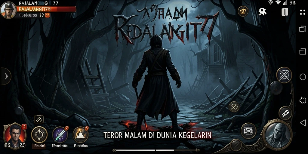 Screenshot gameplay RAJALANGIT77 menunjukkan suasana mencekam di dalam hutan gelap.
