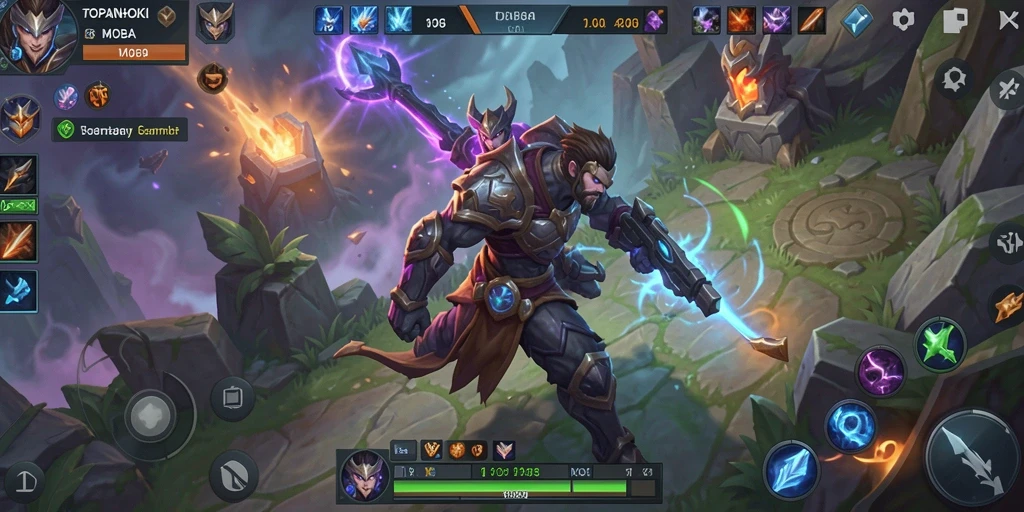 Tangkapan layar gameplay <strong>TOPANHOKI</strong> menampilkan pertarungan seru di arena MOBA.